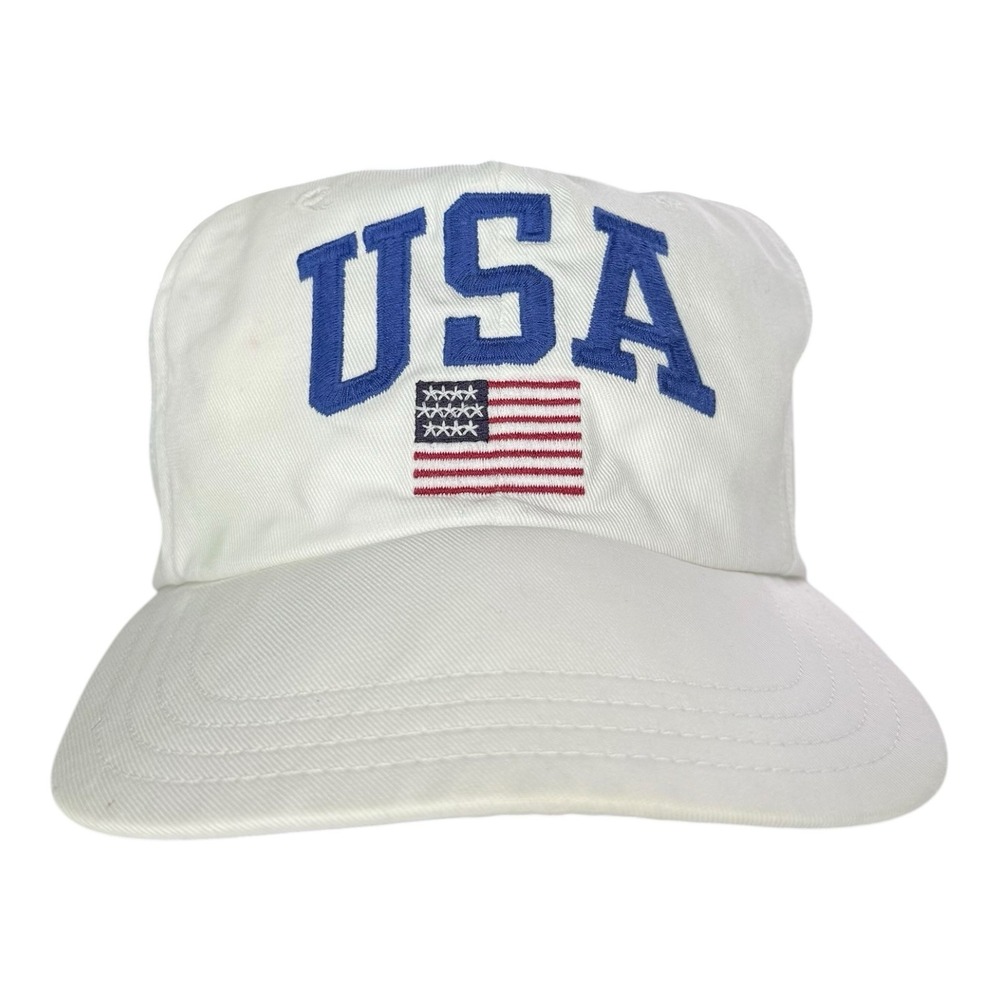 Vintage 90s Polo Sport Ralph Lauren USA Flag White Strapback Hat Cap
